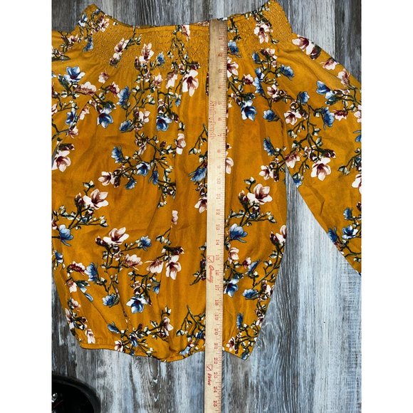 Let Them Eat Cake Off Shoulder 3/4 Sleeve Blouse Mustard Floral Size Small - Picture 6 of 9
